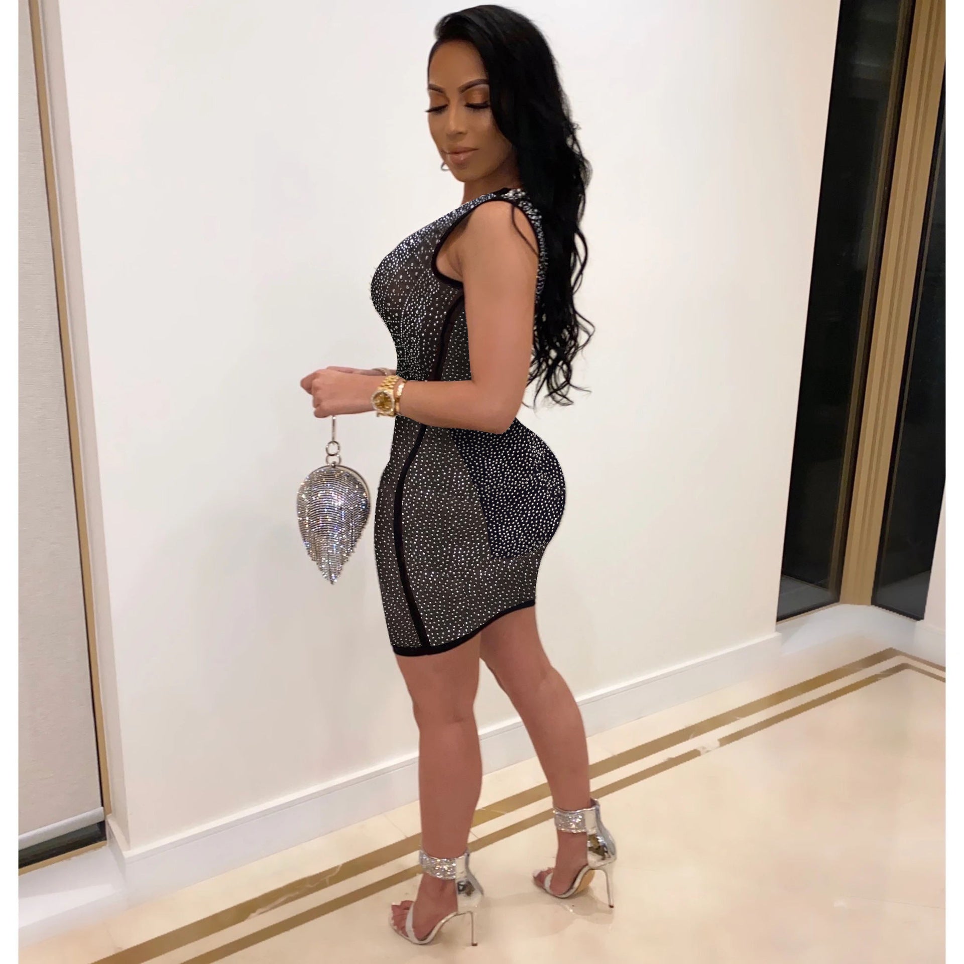 Sexy Slim-Fit Rhinestone See-through Dress Nightclub Uniforms
